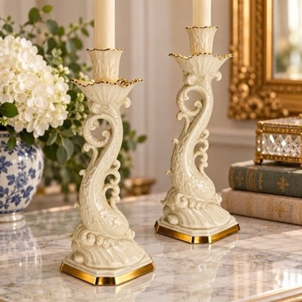 Vintage Lenox Aquarius Dolphin Candle Holder Candlesticks 24K Gold Trim Retired